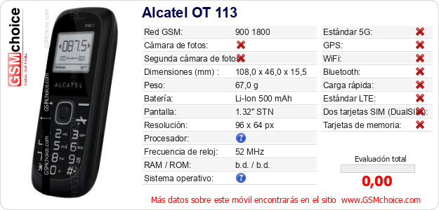 Alcatel OT 113 Datos técnicos del móvil Alcatel OT 113 Datos técnicos del móvil