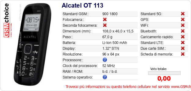 Alcatel OT 113 Dati tecnici di telefono cellulare 