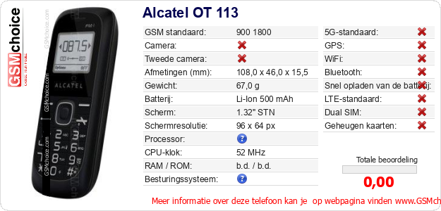 Alcatel OT 113 Technische gegevens Alcatel OT 113 Technische gegevens