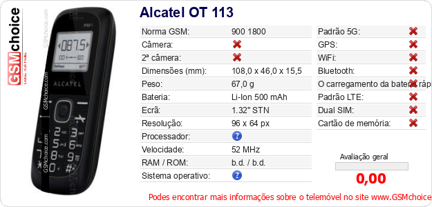Alcatel OT 113 Especificações técnicas do telemóvel 