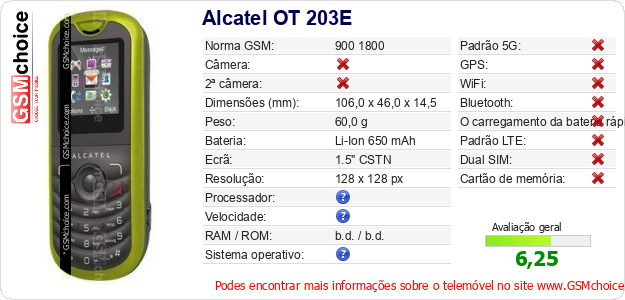 Alcatel OT 203E Especificações técnicas do telemóvel Alcatel OT 203E Especificações técnicas do telemóvel