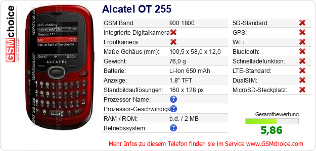 Alcatel OT 255 technische Daten Alcatel OT 255 technische Daten
