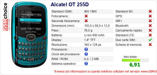 Alcatel OT 255D Dati tecnici di telefono cellulare 