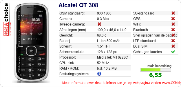 Alcatel OT 308 Technische gegevens 