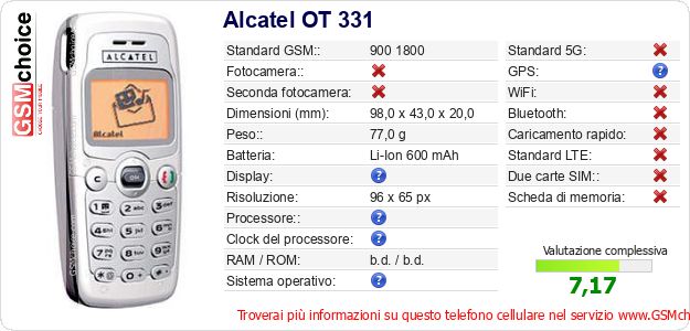 Alcatel OT 331 Dati tecnici di telefono cellulare 