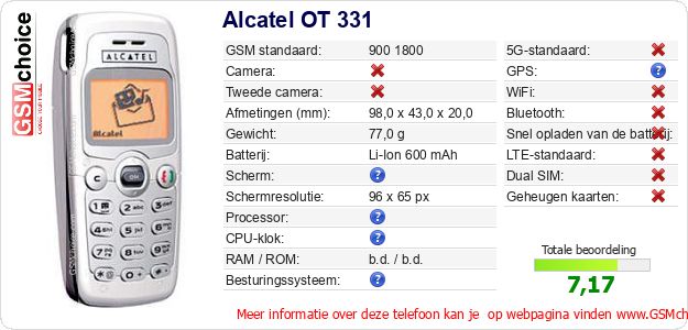 Alcatel OT 331 Technische gegevens Alcatel OT 331 Technische gegevens