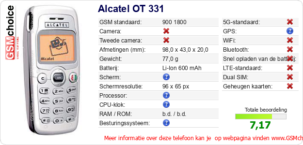 Alcatel OT 331 Technische gegevens 