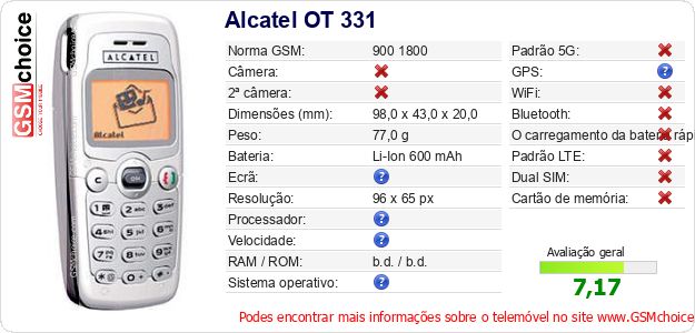 Alcatel OT 331 Especificações técnicas do telemóvel Alcatel OT 331 Especificações técnicas do telemóvel
