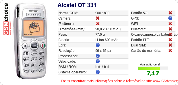 Alcatel OT 331 Especificações técnicas do telemóvel 