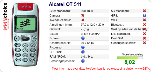 Alcatel OT 511 Technische gegevens 