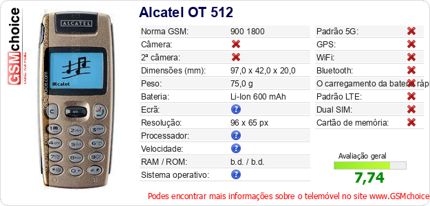 Alcatel OT 512 Especificações técnicas do telemóvel 