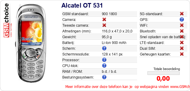 Alcatel OT 531 Technische gegevens 