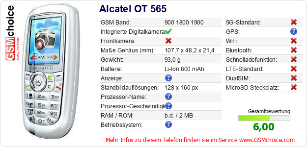 Alcatel OT 565 technische Daten Alcatel OT 565 technische Daten