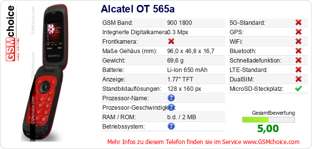 Alcatel OT 565a technische Daten Alcatel OT 565a technische Daten
