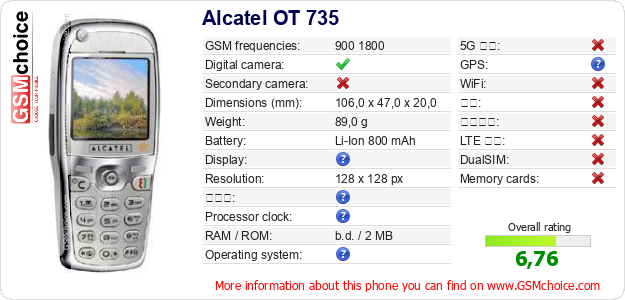 Alcatel OT 735 手机技术数据