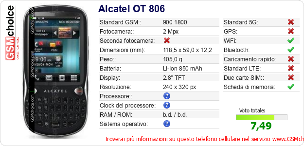 Alcatel OT 806 Dati tecnici di telefono cellulare Alcatel OT 806 Dati tecnici di telefono cellulare