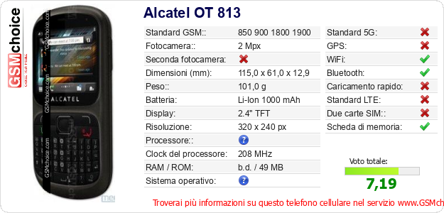Alcatel OT 813 Dati tecnici di telefono cellulare 
