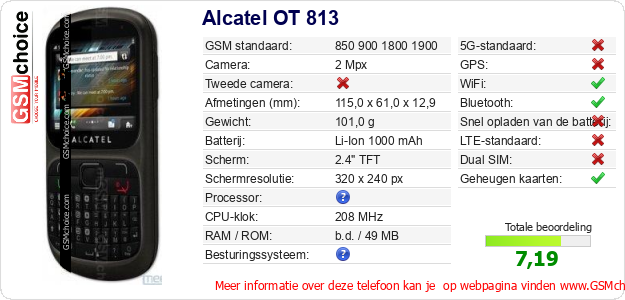 Alcatel OT 813 Technische gegevens Alcatel OT 813 Technische gegevens