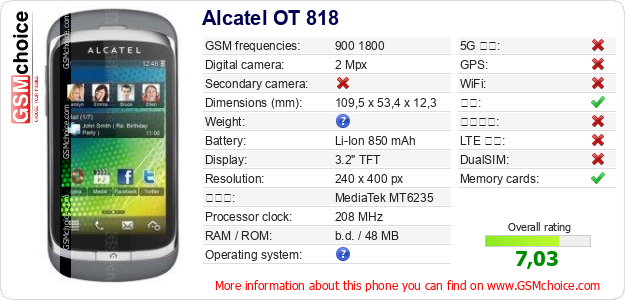 Alcatel OT 818 手机技术数据