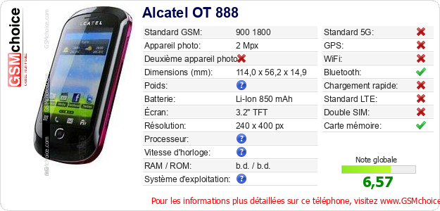 Alcatel OT 888 Fiche technique