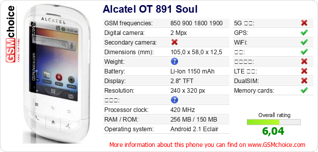Alcatel OT 891 Soul 手机技术数据