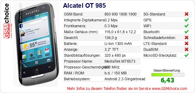 Alcatel OT 985 technische Daten Alcatel OT 985 technische Daten