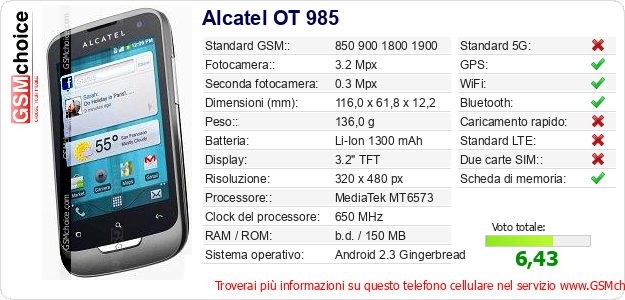 Alcatel OT 985 Dati tecnici di telefono cellulare 