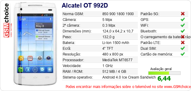 Alcatel OT 992D Especificações técnicas do telemóvel 