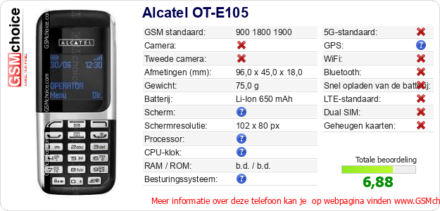 Alcatel OT-E105 Technische gegevens 