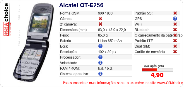 Alcatel OT-E256 Especificações técnicas do telemóvel 