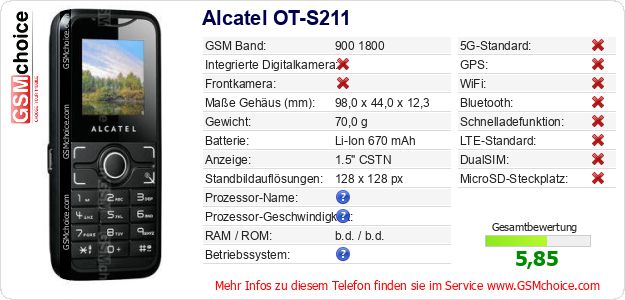 Alcatel OT-S211 technische Daten Alcatel OT-S211 technische Daten