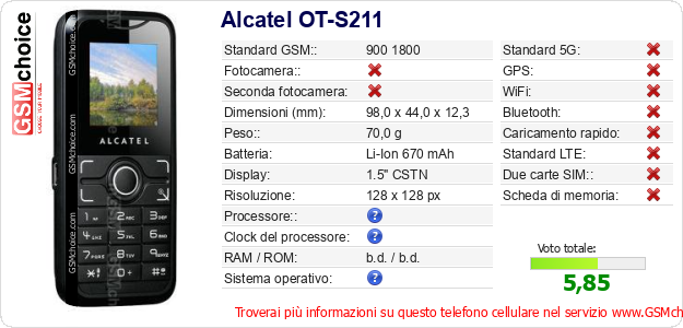 Alcatel OT-S211 Dati tecnici di telefono cellulare Alcatel OT-S211 Dati tecnici di telefono cellulare
