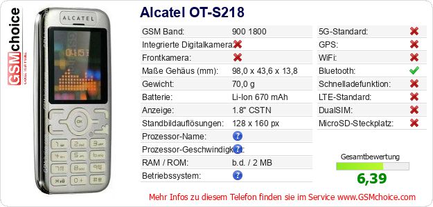 Alcatel OT-S218 technische Daten Alcatel OT-S218 technische Daten