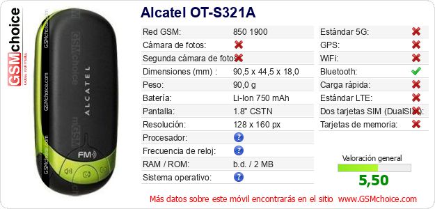 Alcatel OT-S321A Datos técnicos del móvil Alcatel OT-S321A Datos técnicos del móvil