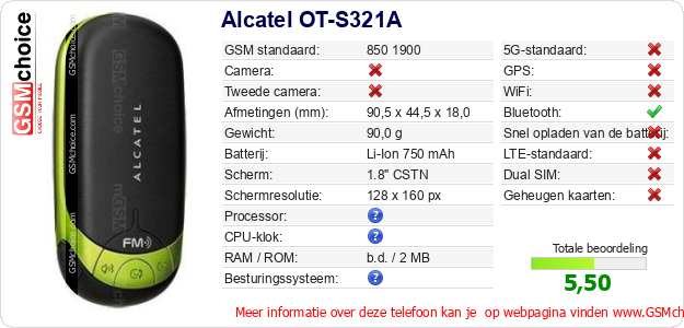 Alcatel OT-S321A Technische gegevens Alcatel OT-S321A Technische gegevens