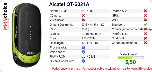 Alcatel OT-S321A Especificações técnicas do telemóvel Alcatel OT-S321A Especificações técnicas do telemóvel