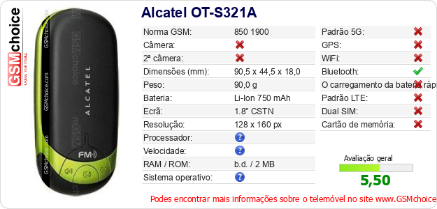 Alcatel OT-S321A Especificações técnicas do telemóvel 