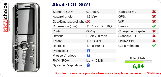Alcatel OT-S621 Fiche technique