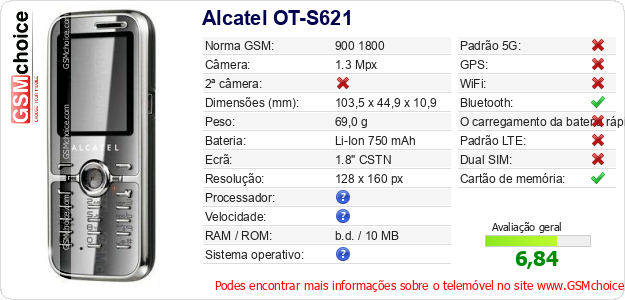 Alcatel OT-S621 Especificações técnicas do telemóvel 