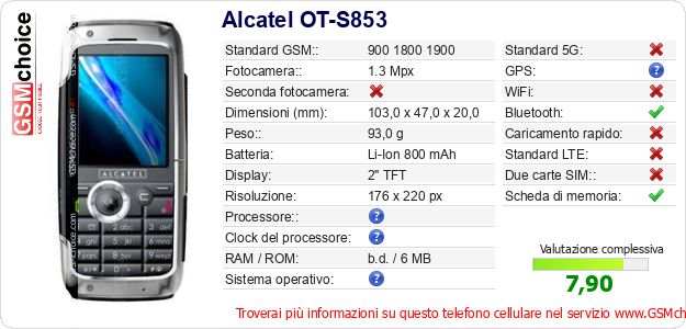 Alcatel OT-S853 Dati tecnici di telefono cellulare Alcatel OT-S853 Dati tecnici di telefono cellulare