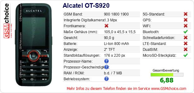 Alcatel OT-S920 technische Daten Alcatel OT-S920 technische Daten