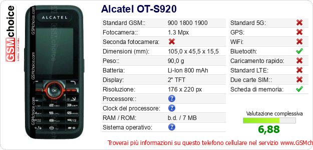 Alcatel OT-S920 Dati tecnici di telefono cellulare Alcatel OT-S920 Dati tecnici di telefono cellulare