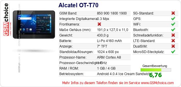 Alcatel OT-T70 technische Daten Alcatel OT-T70 technische Daten