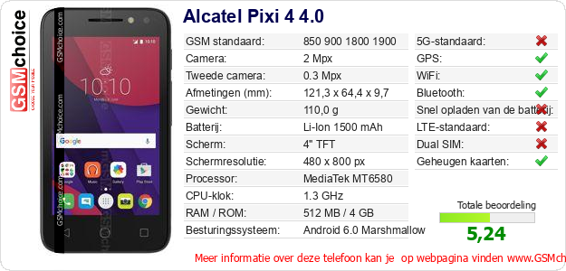 Alcatel Pixi 4 4.0 Technische gegevens 