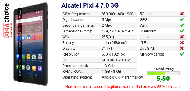 Alcatel Pixi 4 7.0 3G 手機技術數據