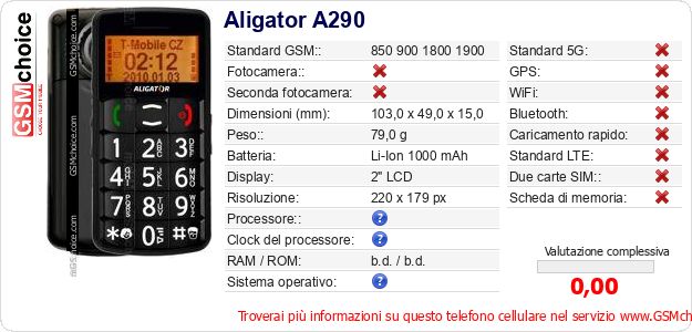 Aligator A290 Dati tecnici di telefono cellulare Aligator A290 Dati tecnici di telefono cellulare
