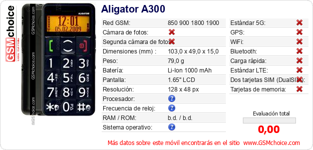 Aligator A300 Datos técnicos del móvil 