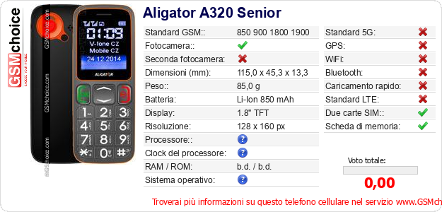 Aligator A320 Senior Dati tecnici di telefono cellulare 