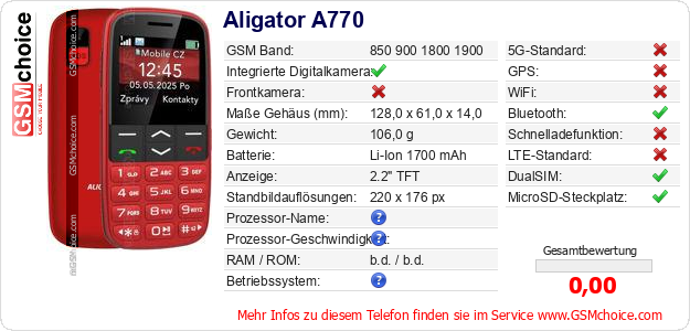 Aligator A770 technische Daten Aligator A770 technische Daten
