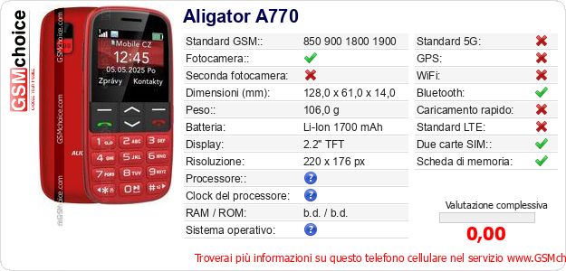 Aligator A770 Dati tecnici di telefono cellulare Aligator A770 Dati tecnici di telefono cellulare